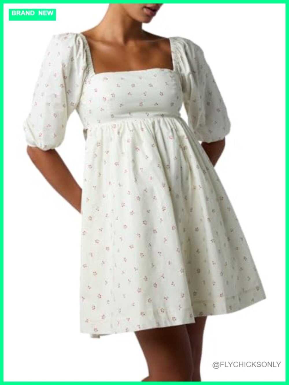 Puff Sleeve Square Neck Mini Dress with Bow Back